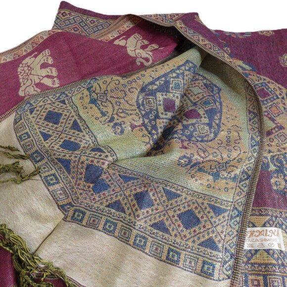 Silk Cashmere Scarf Pink Pashmina Thailand Gold Embossed Elephant Lucky Romantic - Picture 5 of 8